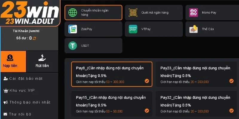 Hướng dẫn nạp tiền 23WIN qua thẻ ngân hàng